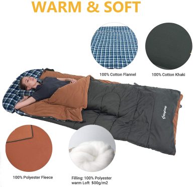 KingCamp XXL Wide Sleeping Bag for Adult 2-3 Season Flannel Liner Large Plus Size Single Warm Waterproof Lightweight for Camping Hiking Back