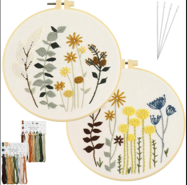 AUAUY 2 Sets Embroidery Kit for Beginners, Flowers DIY Embroidery Starter Kit. 