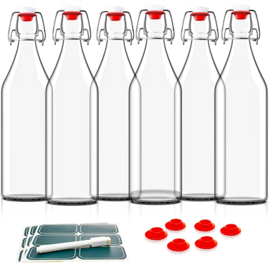 Otis Glass Bottles w/Stoppers - Set of 6 w/Plastic Swing Top for Home Brewing. Flip Top 16oz Glass Bottle. 